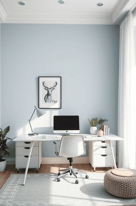 Zona de trabajo con pared azul agrisado claro