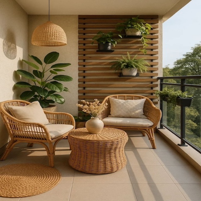 Ideas de color y decoración para exteriores: balcón beige y madera