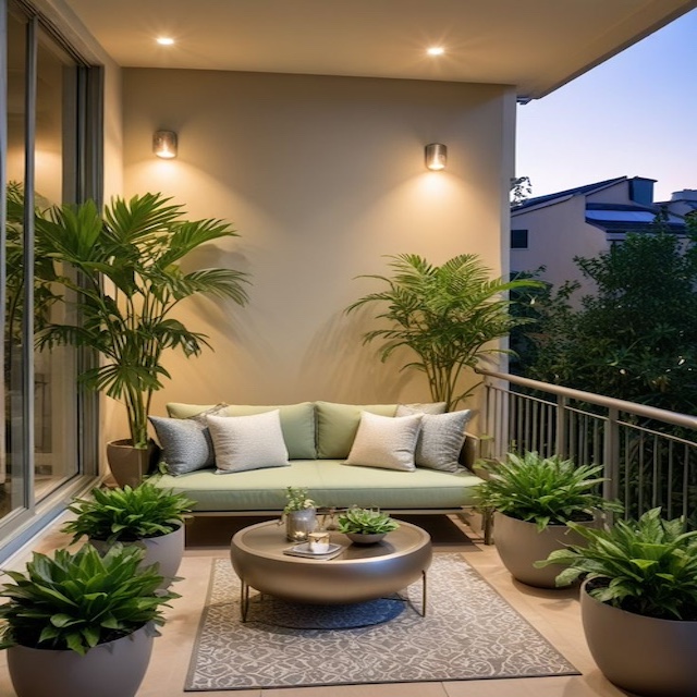 Ideas de color y decoración para exteriores: balcón tonos verdes y gris