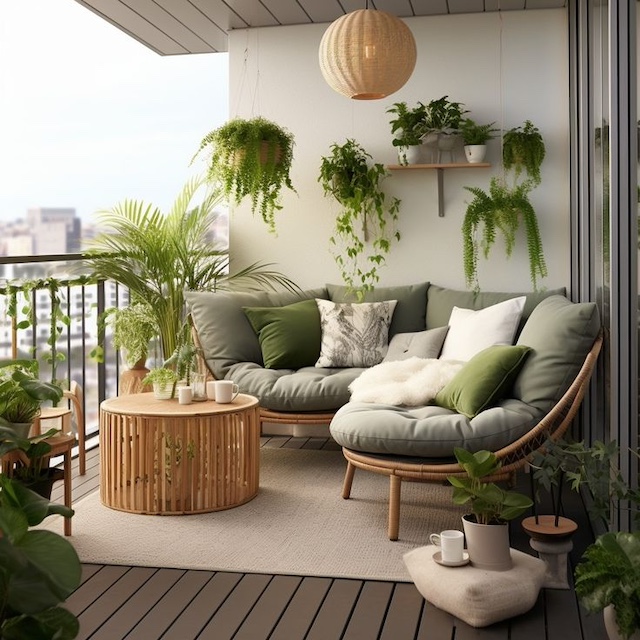 Ideas de color y decoración para exteriores: balcon sofa en L, gris y verde