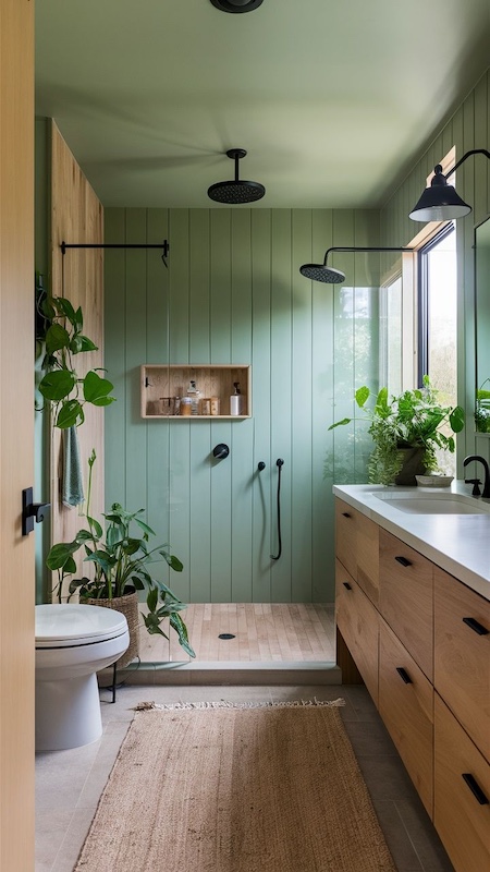 Baño verde y madera