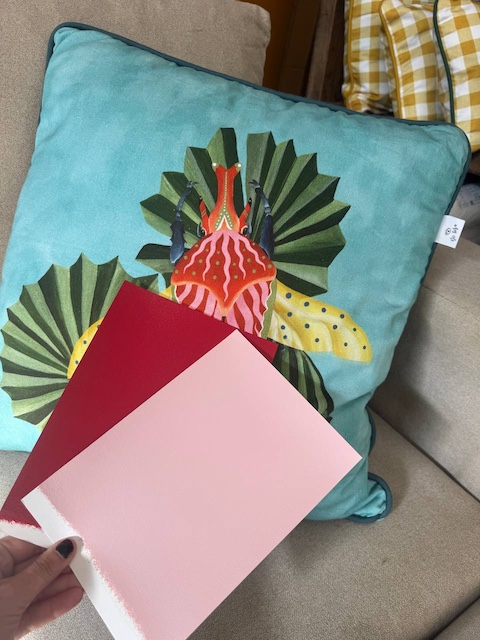 Cojín Beetle azul y muestra roja y rosa