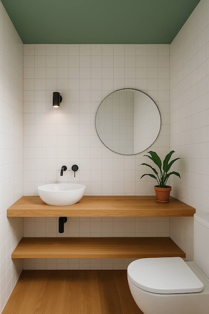 Baño con techo pintado en Humo Verde