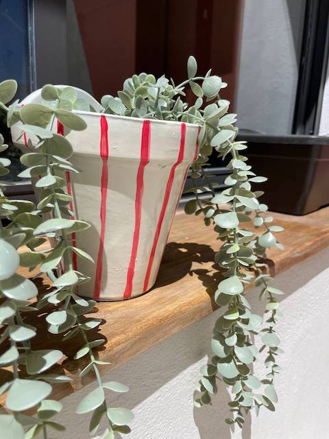 Ideas para pintar macetas de terracota con estilo 16 Maceta terracota pintada y barnizada con brillo en alfeizar pintado