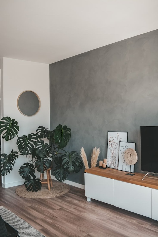 Pared frontal salón con efecto cemento