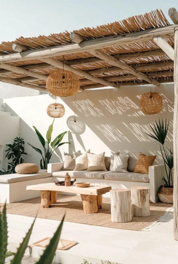 Terraza techada con caña y madera