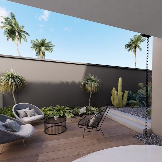 Terraza con pared gris oscuro