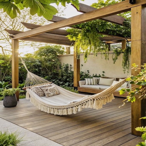 Ideas de color y decoración para exteriores: boho con hamaca