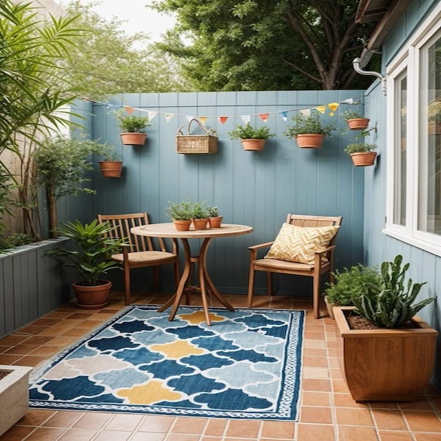 Terraza con pared azul y alfombra