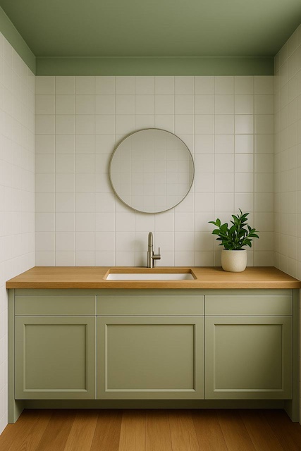 Baño con techo pintado en Verde Militar